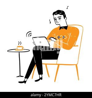 Beau jeune homme se relaxant avec de la musique assis sur le canapé à l'aide d'une tablette. Ligne d'illustration vectorielle de dessin à la main Illustration de Vecteur
