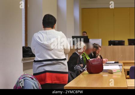 21 novembre 2024, Bavière, Schweinfurt : une femme accusée (l) et son mari (3ème à partir de la gauche), qui est également en jugement, se tiennent debout et siègent avec leurs avocats dans une salle d'audience du tribunal de district. Près de deux ans après la mort présumée de leur fille par la faim, les parents accusés ont assumé la responsabilité de ce qui s'est passé. Selon le parquet, leur fille de 16 ans a contracté le coronavirus peu avant sa mort en décembre 2022 et souffrait d'une infection gastro-intestinale. Photo : Karl-Josef Hildenbrand/dpa - ATTENTION : personne(s) a/ont été pixelisée(s) pour le service juridique Banque D'Images