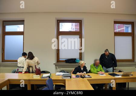 21 novembre 2024, Bavière, Schweinfurt : une femme accusée (l) et son mari (4ème à partir de la gauche), qui est également en jugement, se tiennent debout et siègent avec leurs avocats dans une salle d'audience du tribunal de district. Près de deux ans après la mort présumée de leur fille par la faim, les parents accusés ont assumé la responsabilité de ce qui s'est passé. Selon le parquet, leur fille de 16 ans a contracté le coronavirus peu avant sa mort en décembre 2022 et souffrait d'une infection gastro-intestinale. Photo : Karl-Josef Hildenbrand/dpa - ATTENTION : personne(s) a/ont été pixelisée(s) pour le service juridique Banque D'Images