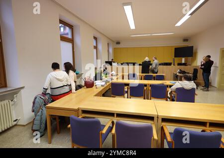 21 novembre 2024, Bavière, Schweinfurt : une femme (l) et son mari (4ème à partir de la gauche) avec leurs avocats dans une salle d'audience du tribunal de district. Selon le parquet, leur fille de 16 ans a contracté le coronavirus peu avant sa mort en décembre 2022 et souffrait d'une infection gastro-intestinale. Néanmoins, les parents n'auraient pas demandé d'aide médicale alors qu'ils savaient que la vie de leur fille était en danger (les accusés ne sont pas autorisés à être identifiés à la demande de la défense). Photo : Karl-Josef Hildenbrand/dpa - ATTENTION : personne(s) a/ont b Banque D'Images