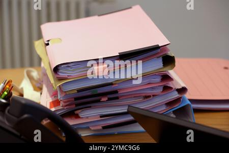 Neubrandenburg, Allemagne. 21 novembre 2024. Les dossiers sont sur la table du juge avant le début du procès pour lésions corporelles dangereuses, abus de pupilles et privation de liberté devant le tribunal régional. Une femme de 39 ans est accusée d'avoir abusé massivement de sa belle-fille mineure. Son mari actuel, âgé de 46 ans, est également accusé, tout comme le père de la jeune fille et la fille de 17 ans de la femme. Crédit : Bernd Wüstneck/dpa/Alamy Live News Banque D'Images