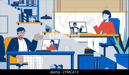 Illustration plate des employés distants de la réunion virtuelle Illustration de Vecteur