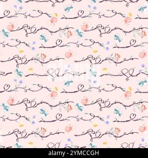 Motif aquarelle sans couture avec branches d'arbre horizontales et éléments floraux isolés. Brindilles sur fond répété avec rose bleu délicat Banque D'Images