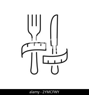 Régime et remise en forme pour perdre du poids. Fourche et couteau enveloppés avec icône de ligne de ruban à mesurer. Alimentation saine, gestion du poids et nutrition. Vecteur isolé Illustration de Vecteur