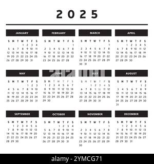 Calendrier 2025 avec des boîtes en noir et blanc couleurs 4 colonnes - Anglais Illustration de Vecteur