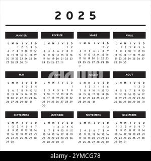 Calendrier 2025 avec boîtes en noir et blanc couleurs 4 colonnes - Français Illustration de Vecteur