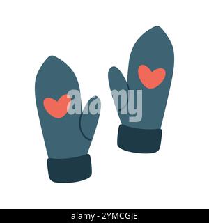 Paire de moufles tricotées avec coeur. Gants chauds, accessoires d'hiver. Conception plate, vecteur isolé sur fond blanc. Moufles féminines, cadeau le jour de la Saint-Valentin, Noël, nouvel an Illustration de Vecteur