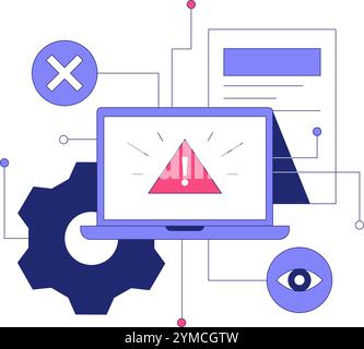 Ordinateur avec symbole d'avertissement dans l'illustration vectorielle plate symbolisant une erreur système, un problème de sécurité et un problème technologique, isolé sur blanc Illustration de Vecteur