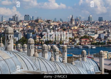 Vue depuis le point de vue de Süleymaniye Camii surplombant le toit de la Madrasa Salis et la Corne d'Or vers la Tour Galata, Istanbul, Turquie Banque D'Images