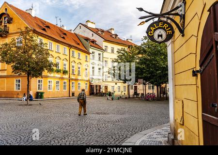 Aperçu de la rue Na Kampe dans l'île de Kampa, près du pont Charles, avec un panneau de boutique artistique et un vieil homme marchant, quartier Mala Strana, Prague, Tchéquie Banque D'Images