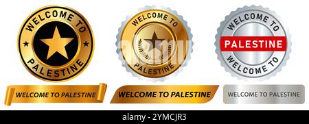 Bienvenue à la Palestine pays embrasser salutation à venir visiter la destination touristique lieu de tourisme timbre badges colorés emblème autocollant ruban bannière Illustration de Vecteur