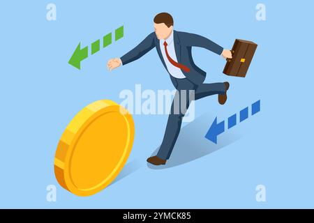 Isométrique Un homme d'affaires déterminé court après une traînée d'argent, poussé par des rêves de gains plus élevés et des entreprises lucratives. Illustration de Vecteur