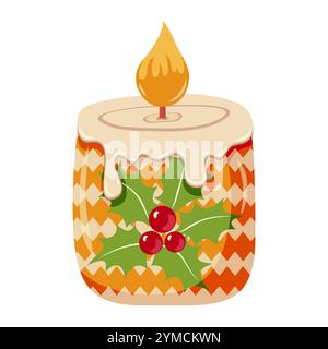 Bougie de Noël décorative avec des feuilles de houx et des baies. Bougie aromatique de cire festive avec cire fondante et motif rayé zigzag. Décoration de vacances Illustration de Vecteur