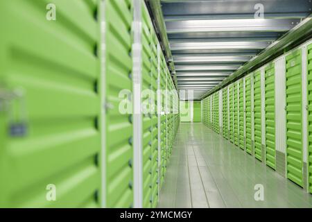 Image de fond du passage avec des portes en métal vert menant à des unités de stockage libre à l'entrepôt, tourné avec une perspective décroissante, espace de copie Banque D'Images