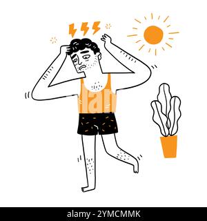 L'homme a des problèmes de sommeil, des maladies congénitales, de l'insomnie, pas rafraîchi le matin. Dessin à la main illustration vectorielle style doodle. Illustration de Vecteur