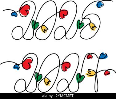 ligne continue de concept de lettrage à la main 2026 2027 avec des coeurs décoratifs, des fleurs et des taches colorées. Illustration vectorielle isolée cartes de vœux, dépliants, affichage, blogs médias ou promo Web, étiquette de prix Illustration de Vecteur