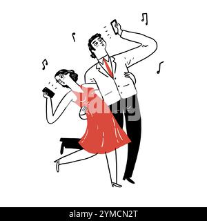 Jeune couple de rencontres excité ayant du plaisir à danser avec des chansons, en utilisant sur les smartphones. Illustration vectorielle dessinée à la main. Illustration de Vecteur