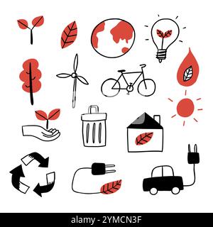 Icône ECO définie. respectueux de l'environnement, écologie, technologie verte et symboles de l'environnement. Dessin à la main illustration vectorielle style doodle. Illustration de Vecteur