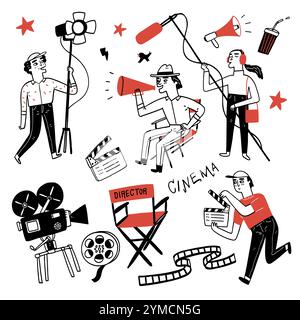 Collection de films et d'articles de cinéma. Ensemble d'icônes et de symboles de dessin animé sur le thème de production de cinéma. Dessin à la main illustration vectorielle style doodle. Illustration de Vecteur