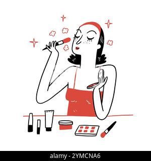 Les belles filles appliquant le maquillage avec une bordure de cosmétiques et d'articles de toilette assortis sur fond blanc, illustration vectorielle dessinée à la main. Illustration de Vecteur