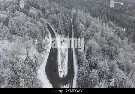 Schmitten, Allemagne. 21 novembre 2024. Une fine couche de neige repose sur les arbres du Feldberg dans le Taunus (vue aérienne avec un drone). Crédit : Boris Roessler/dpa/Alamy Live News Banque D'Images