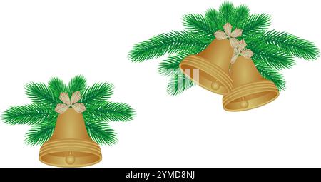 cloche de noël avec branche de sapin et ruban arc set illustration vectorielle isolée sur fond blanc. Illustration de Vecteur