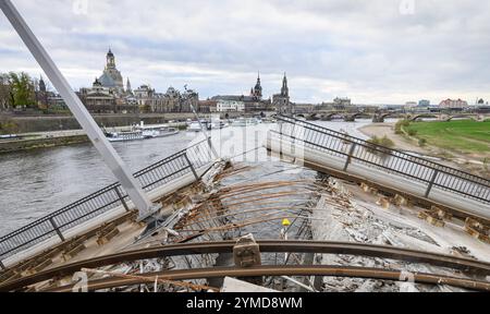 21 novembre 2024, Saxe, Dresde : vue sur le pont Carolabrücke effondré avec pour toile de fond la vieille ville historique sur l'Elbe. La section ouest du pont avec des voies de tramway, une piste cyclable et un sentier pédestre s'est effondrée dans la nuit du 11 septembre 2024 pour des raisons encore inconnues. Photo : Robert Michael/dpa Banque D'Images