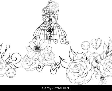 Mannequin vintage avec arrangement floral - roses et anémone. Outils de couture boutons, aiguilles. Mode ancienne, modèle sans couture de couturier, frontière Illustration de Vecteur