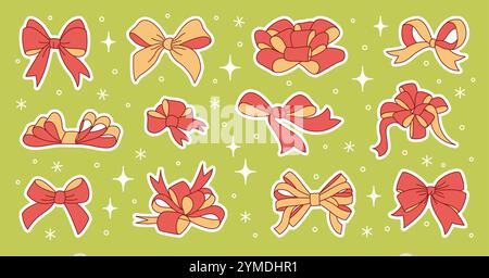Lot d'autocollants noeuds ruban rouge et or. Dessiné à la main boknot rouge et jaune pour la décoration grand ensemble noeud papillon. Style plat tendance. Illustration vectorielle Illustration de Vecteur