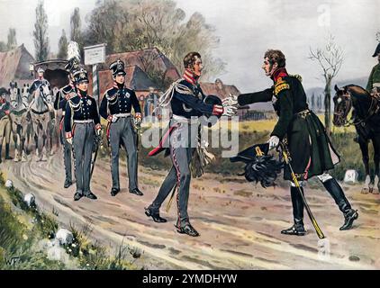 L'empereur Alexandre Ier de Russie rencontre Frédéric-Guillaume III de Prusse près de Spahlitz, 1813, peinture historique de W. Friedrich, Kaiser Alexander I. von Russland trifft Friedrich Wilhelm III. von Preußen BEI Spahlitz, 15.3.1813 Banque D'Images