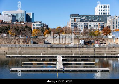 Ein Abschnitt des Alten Hafens von Montreal, Kanada, zeigt eine ruhige Szene mit leeren Anlegestellen, die sich im klaren Wasser spiegeln. IM Hintergrund ragt moderne Wohn- und Büroarchitektur empor, flankiert von herbstlich gefärbten Bäumen, die der städtischen Landschaft einen Hauch von Natur und Farbe verleihen. Graffiti auf der Betonmauer und eine Ansammlung von Containern und Anhängern am Ufer kontrastieren mit den sauberen Linien der Gebäude. Der klare blaue Himmel verstärkt die Leuchtkraft der herstlichen Farben und verleiht dem Bild eine klare und friedliche Atmosphäre. *** Une section Banque D'Images