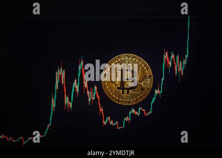 Berlin, Allemagne. 21 novembre 2024. Une pièce Bitcoin se trouve sur un écran montrant le taux de change Bitcoin - dollar américain. Crédit : Fernando Gutierrez-Juarez/dpa/Alamy Live News Banque D'Images