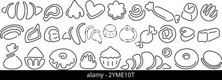 Collection de ligne biscuits et bonbons. Beignet, croissant, gobelet de gâteau et choco. Ensemble de vecteurs. Boulangerie et café signe abstrait Illustration de Vecteur
