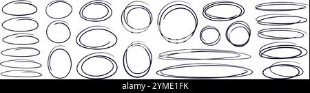 Ellipses et cercles dessinés à la main. Griffonner des éléments de gribouillage pour mettre en surbrillance du texte, des cadres. Ligne de marqueur pour les messages de conception, logo, étiquettes de notes Illustration de Vecteur