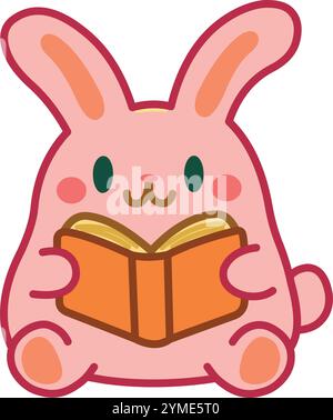 Lapin rose lisant un livre dans un style kawaii Illustration de Vecteur