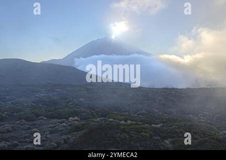 Panorama de l'est au coucher du soleil sur le Parc National du Teide, Parque Nacional del Teide, jusqu'au Pico del Teide, 3715m, Tenerife, Îles Canaries, Espagne, Europ Banque D'Images