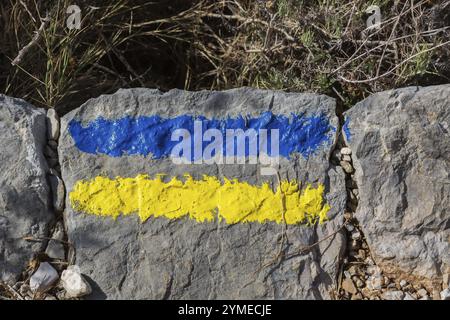 Gros plan des couleurs de drapeau de pays de l'Ukraine peintes à la main sur la surface de pierre grise, Mont SRD, Dubrovnik, Croatie, Europe Banque D'Images