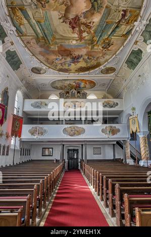 Orgue loft et fresques au plafond, St George et Florian est une église paroissiale catholique classée à Reicholzried, Allgaeu, Bavière, Allemagne, Europe Banque D'Images