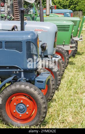 Rangée de tracteurs colorés sur herbe verte, suedlohn, muensterland, allemagne Banque D'Images