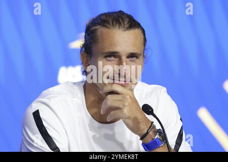 Joueur de tennis allemand Alexander Zverev lors d'une conférence de presse aux US Open 2024 Championships, Billie Jean King Tennis Center, Queens, New Yor Banque D'Images