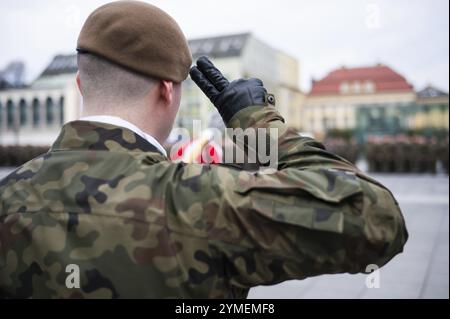 Un soldat de l'armée polonaise saluant pendant la cérémonie. Pologne Banque D'Images