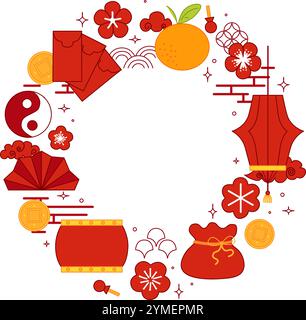 Modèle de cadre de cercle rond du nouvel an chinois. Illustration graphique vectorielle avec des éléments traditionnels lanterne orange, enveloppe rouge, pièce de monnaie, tambour, fleur Illustration de Vecteur