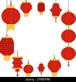 Lanternes rouges de coupe de papier chinois sur fond transparent. Gabarit de cadre circulaire. Illustration graphique vectorielle Illustration de Vecteur