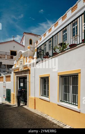 Porte avec armoiries ou héraldique sur la rue Rua de Martim Mendes 11 dans la ville d'Elvas, Portugal, Europe. Banque D'Images