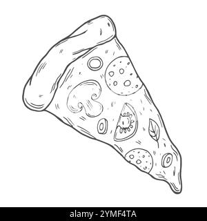 Illustration vectorielle. Tranche de pizza avec fromage fondu et pepperoni. Gribouille dessinée à la main. Esquisse de dessin animé. Décoration pour cartes de vœux Illustration de Vecteur