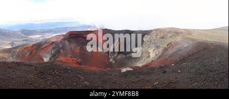 Panorama du cratère rouge sur le passage alpin de Tongariro dans le parc national de Tongariro, Nouvelle-Zélande. Banque D'Images