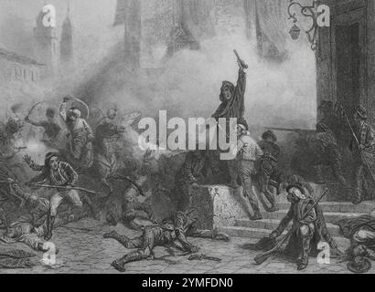 Guerre péninsulaire (1808-1814). Soulèvement dos de Mayo, 1808. Insurrection du peuple de Madrid. Dessin de Karl Girardet. Gravure de Paul Girardet. Histoire du Consulat et de l'Empire, par A. Thiers. Volume VIII publié à Paris, 1849. Auteur : Karl Girardet (1813-1871). Artiste suisse. Paul Girardet (1821-1893) Graveur sur cuivre français d'origine suisse. Banque D'Images