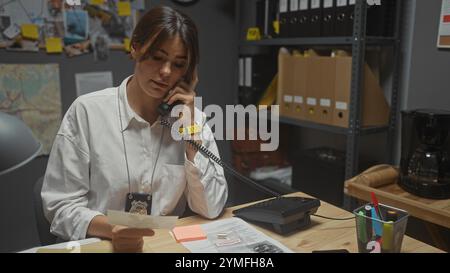 Une jeune femme détective dans un bureau, examine des documents tout en parlant au téléphone au milieu des indices de l'enquête. Banque D'Images