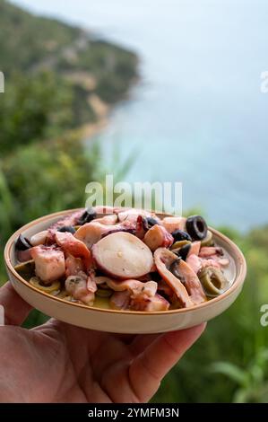 Savoureux antipasti salade ou plat de fruits de mer, poulpe grillé style ligure avec olives vertes et noires servies dans le restaurant italien Banque D'Images