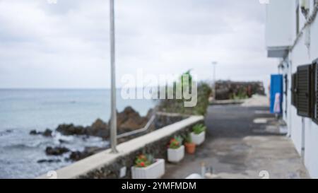 Sentier côtier défocalisé à lanzarote, en espagne, bordé de plantes en pot et de rochers avec l'océan en arrière-plan par une journée nuageuse Banque D'Images